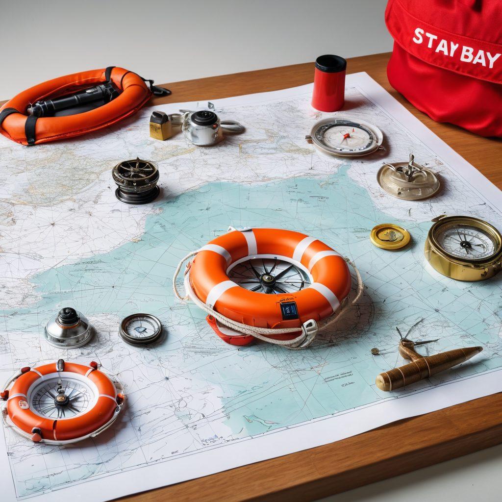 A serene seascape showcasing a variety of boats at sea, with gentle waves lapping against their hulls. In the foreground, a professional navigator analyses marine maps and insurance documents on a table, surrounded by nautical tools like compasses and sextants. In the background, a lifebuoy with the words 'Stay Afloat' prominently displayed. The overall atmosphere is calm yet professional, symbolizing safety and preparedness. super-realistic. vibrant colors. white background.