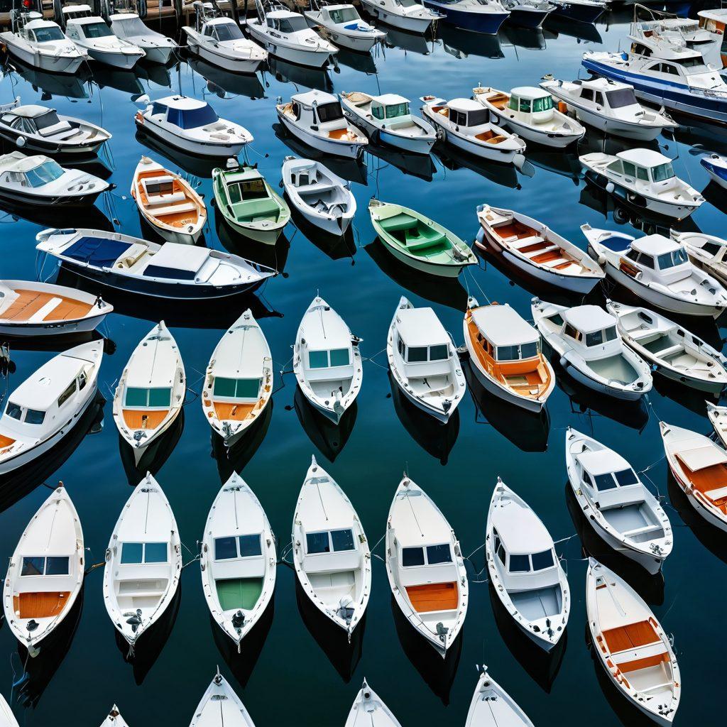 A collage of various boats, including pleasure crafts and fishing vessels, showcased in a serene marina setting. Highlight protective covers on each boat, with vivid reflections on water. Surround them with lush greenery and a clear blue sky to evoke a sense of tranquility and adventure. super-realistic. vibrant colors. white background.
