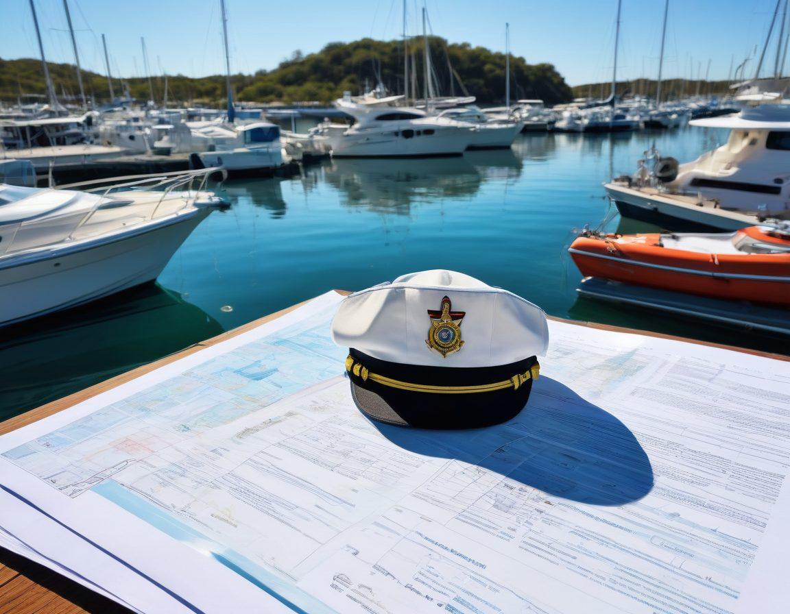 A serene marina scene featuring a variety of yachts and watercraft moored peacefully, with a clear blue sky and gentle waves reflecting sunlight. In the foreground, an open insurance policy document with nautical charts and a captain's hat. Subtle elements like life vests and a compass add context. The atmosphere evokes a sense of security and adventure on the water. vibrant colors. super-realistic.